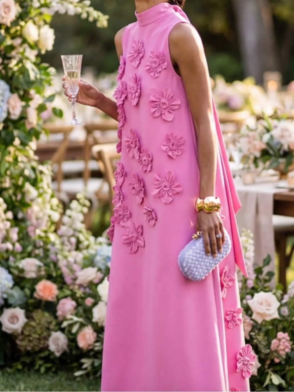 High-Neck Pink Maxi Dress with 3D Floral Details